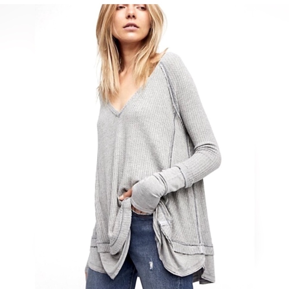 We The Free Laguna Waffle Thermal Knit Oversized Long Sleeve, XS, Gray